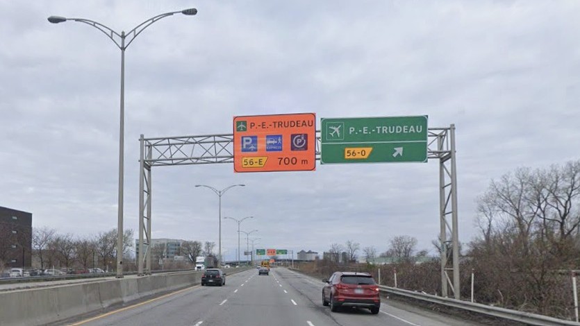 Capture d'écran montrant l'autoroute 20 à l'approche de la sortie pour l'aéroport Montréal-Trudeau.