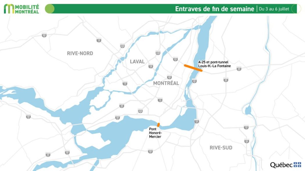 Carte montrant les zones affectées par des entraves dans le Grand Montréal pendant la fin de semaine du 3 au 6 juillet.