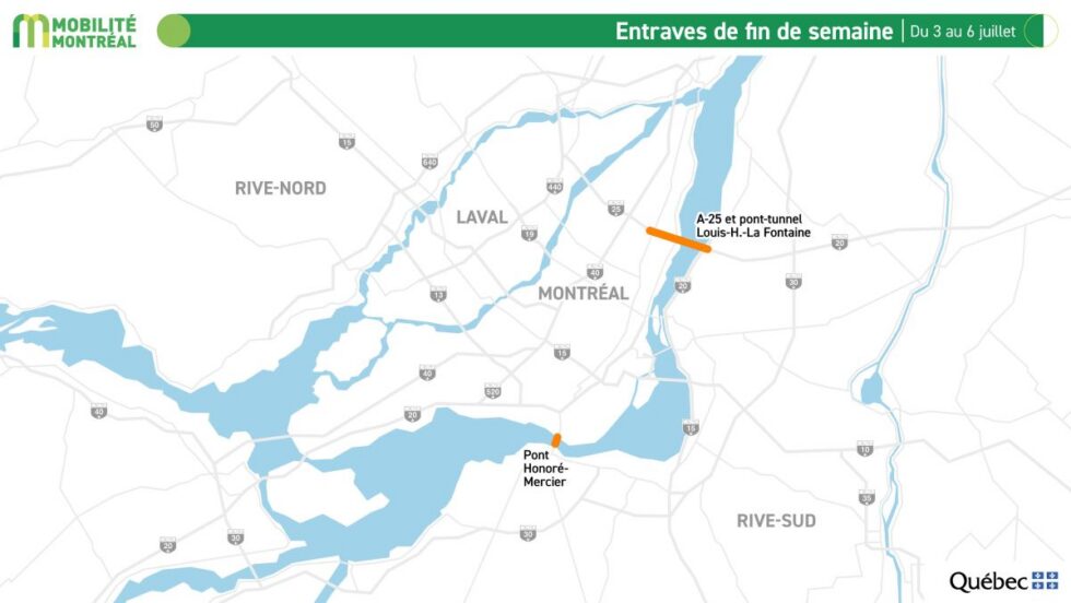 Carte montrant les zones affectées par des entraves dans le Grand Montréal pendant la fin de semaine du 3 au 6 juillet.