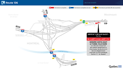 Carte montrant la fermeture de la sortie vers la rue Guy sur la route 136.