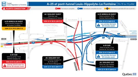 Carte montrant les fermetures de route prévues la fin de semaine du 10 juillet dans le cadre de la réfection du tunnel Louis-Hippolyte-La Fontaine.