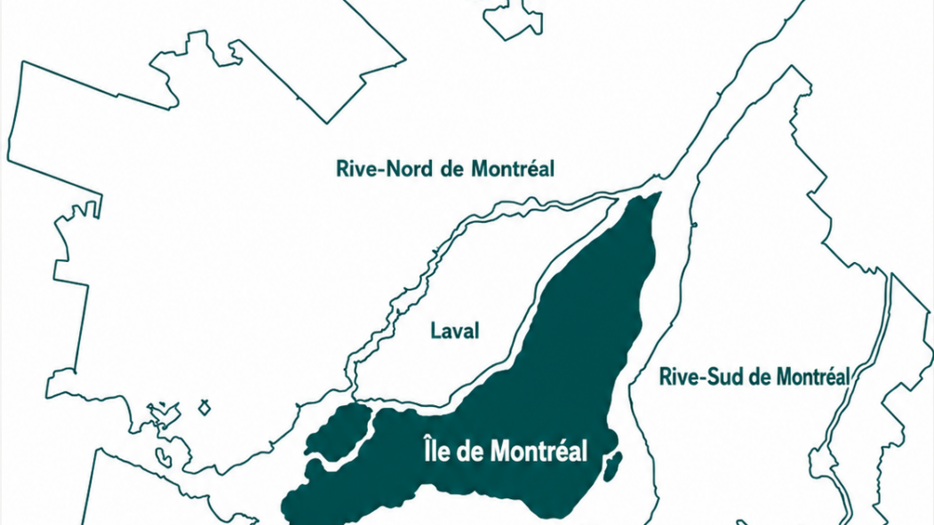 Carte de la région de Montréal avec l'île de Montréal en surbrillance.