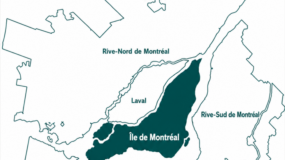 Carte de la région de Montréal avec l'île de Montréal en surbrillance.