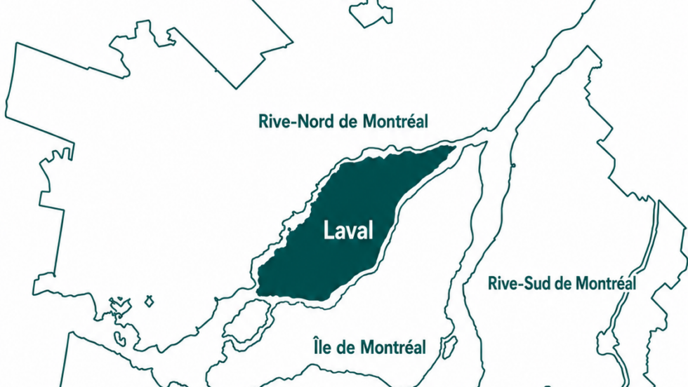 Carte de la région de Montréal avec Laval en surbrillance.