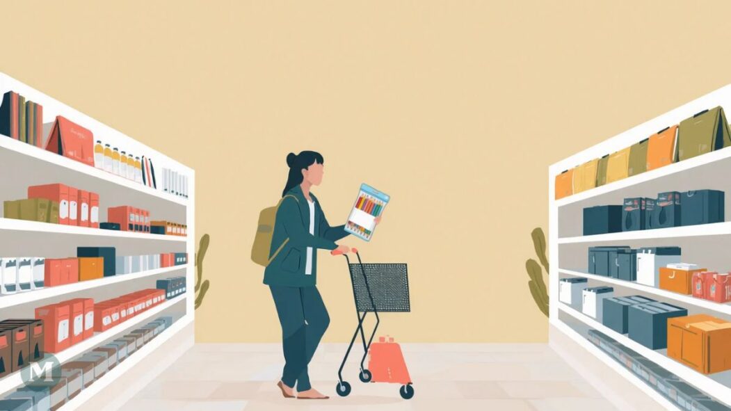 Image générée par l'intelligence artificielle dans le style de l'art minimaliste. L'image montre une femme dans un magasin achetant des fournitures scolaires.