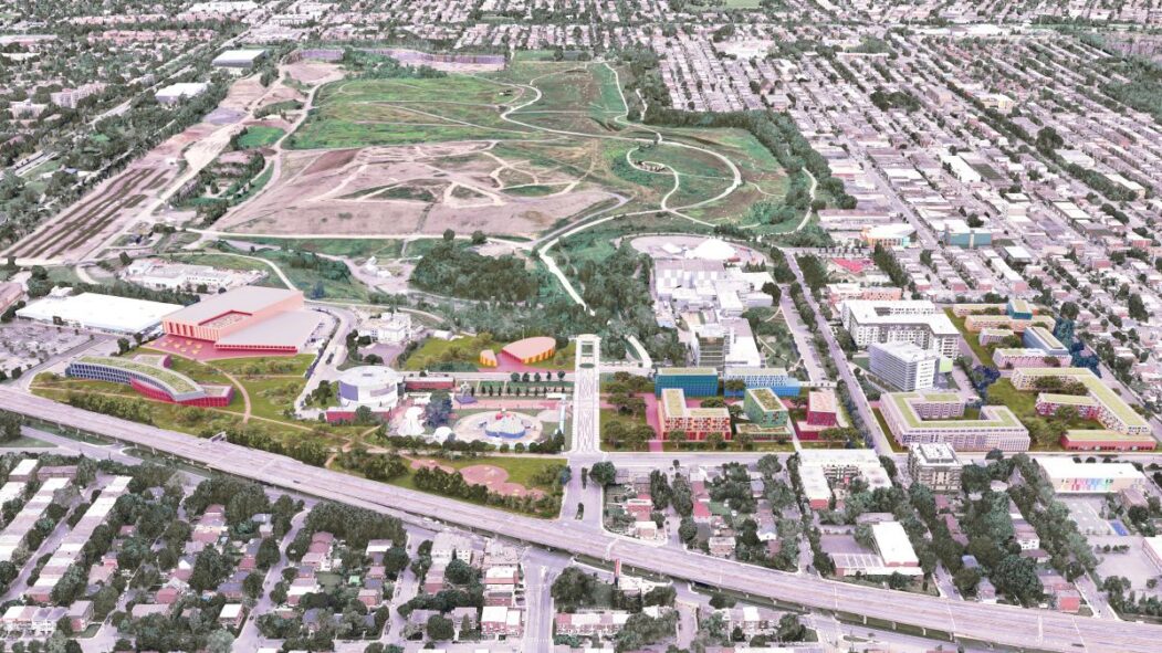 Vue d'ensemble du projet de Quartier des arts de cirque, montrant notamment le secteur autour du parc Frédérick-Back et de la TOHU.