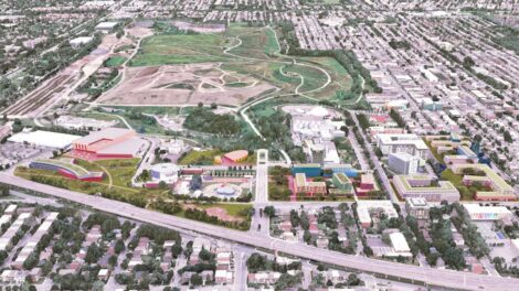 Vue d'ensemble du projet de Quartier des arts de cirque, montrant notamment le secteur autour du parc Frédérick-Back et de la TOHU.