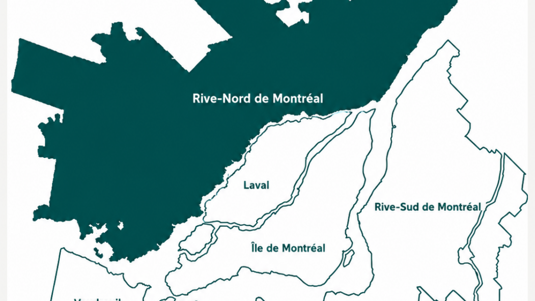 Carte de la région de Montréal avec la Rive-Nord en surbrillance.