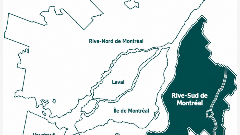 Carte de la région de Montréal avec la Rive-Sud en surbrillance.