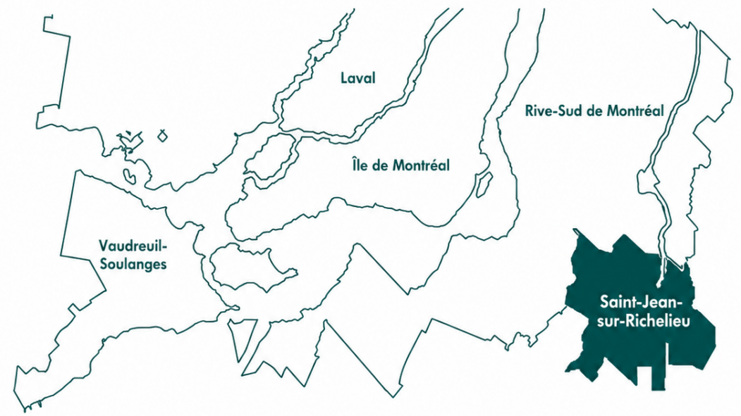Carte de la région de Montréal avec Saint-Jean-sur-Richelieu en surbrillance.