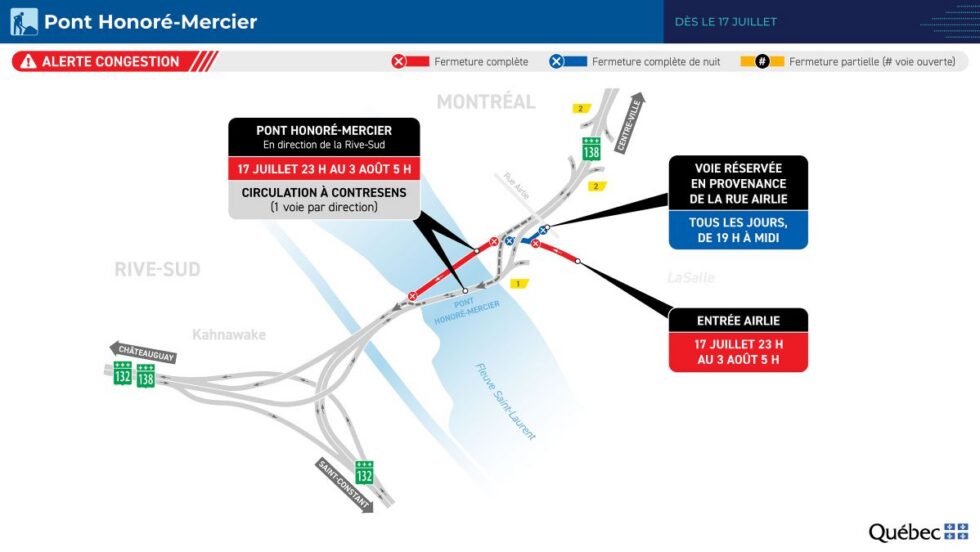 Carte montrant le secteur affecté par les travaux sur le pont Honoré-Mercier du 17 juillet au 3 août.