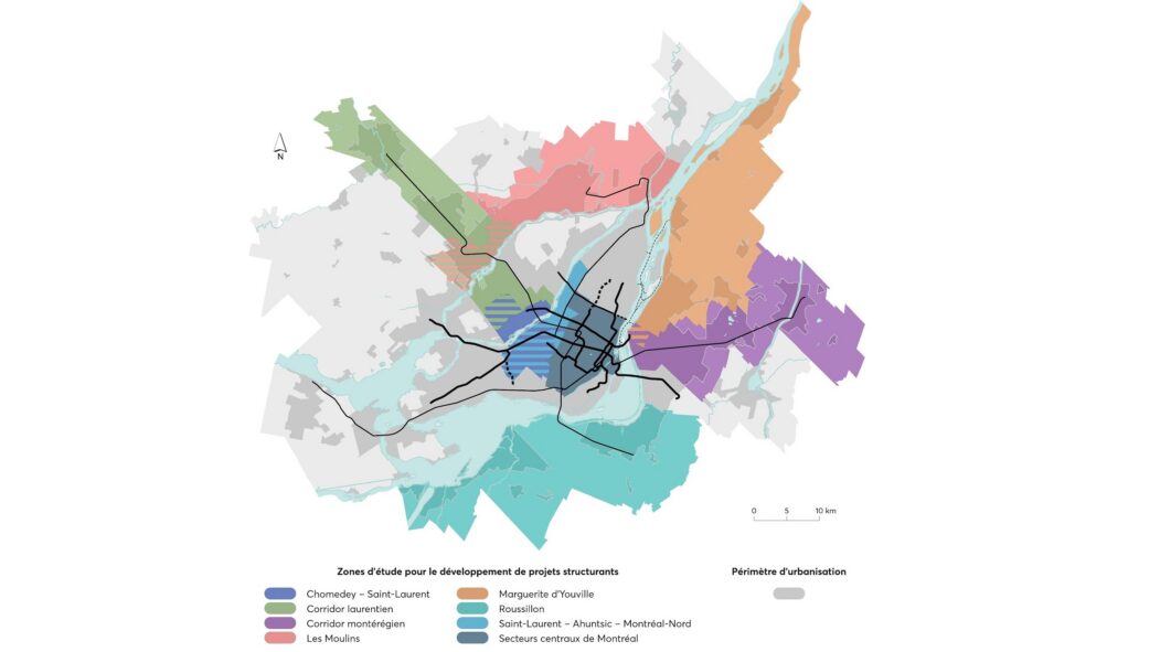 Carte montrant les huit zones ciblées par l'ARTM pour des études sur le développement à venir du transport collectif dans le Grand Montréal.