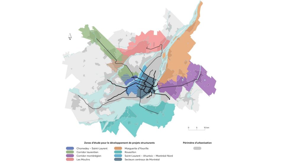 Carte montrant les huit zones ciblées par l'ARTM pour des études sur le développement à venir du transport collectif dans le Grand Montréal.