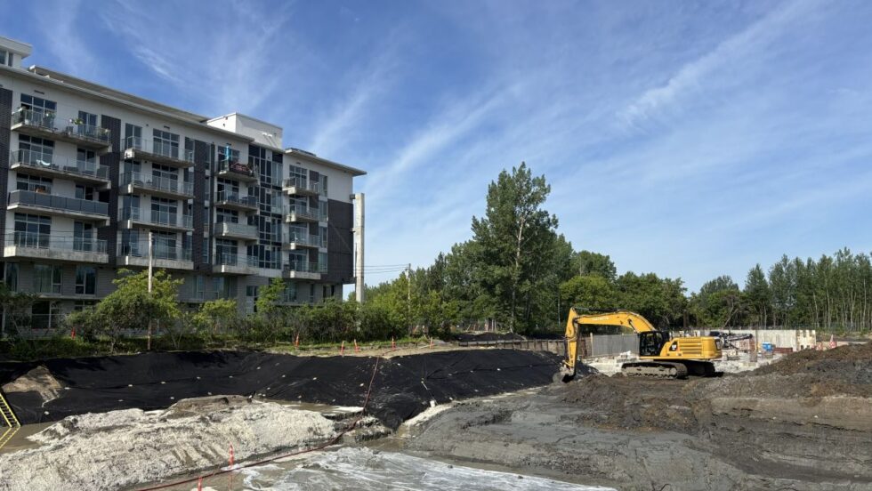 Une grue et des pelles mécaniques s'affairent sur un chantier de construction de logements dans Pointe-aux-Trembles.