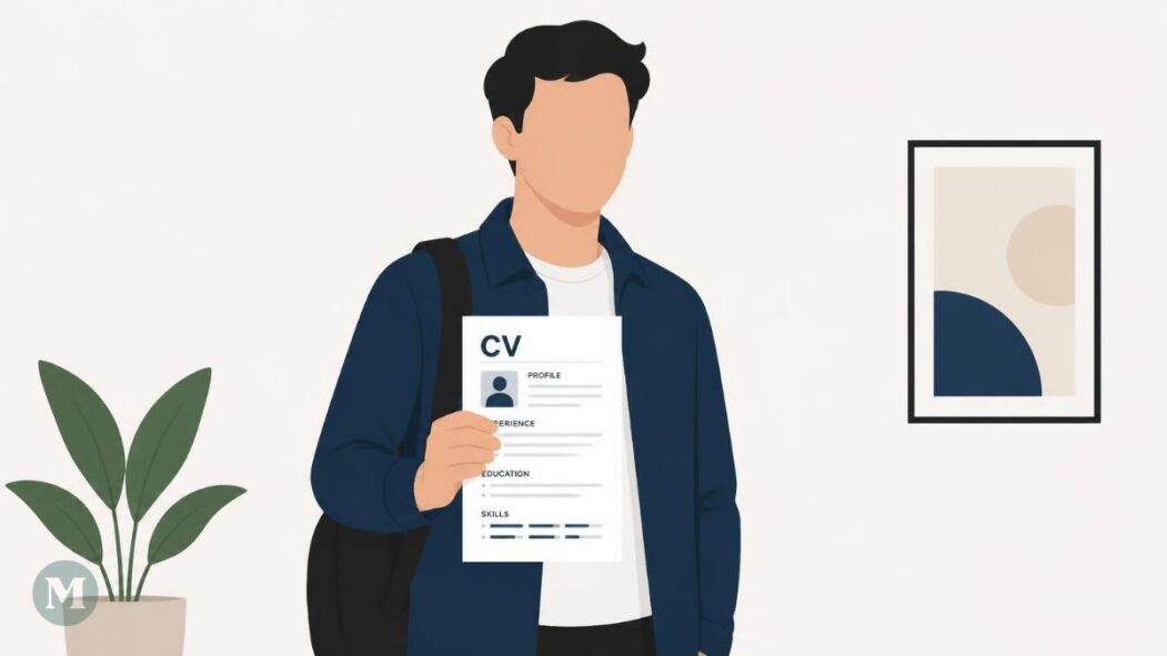 Image générée par l'intelligence artificielle montrant un dessin d'un jeune homme tenant un CV.