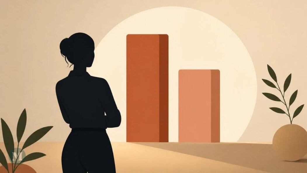 Image générée par l'intelligence artificielle montrant la silhouette d'une femme devant un graphique montrant l'inéquité salariale entre les hommes et les femmes.