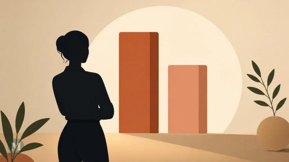 Image générée par l'intelligence artificielle montrant la silhouette d'une femme devant un graphique montrant l'inéquité salariale entre les hommes et les femmes.