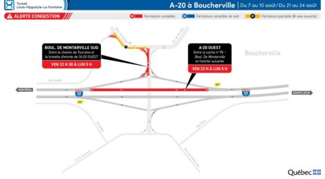 Carte montrant le tronçon de l'autoroute 20 fermé à Boucherville.