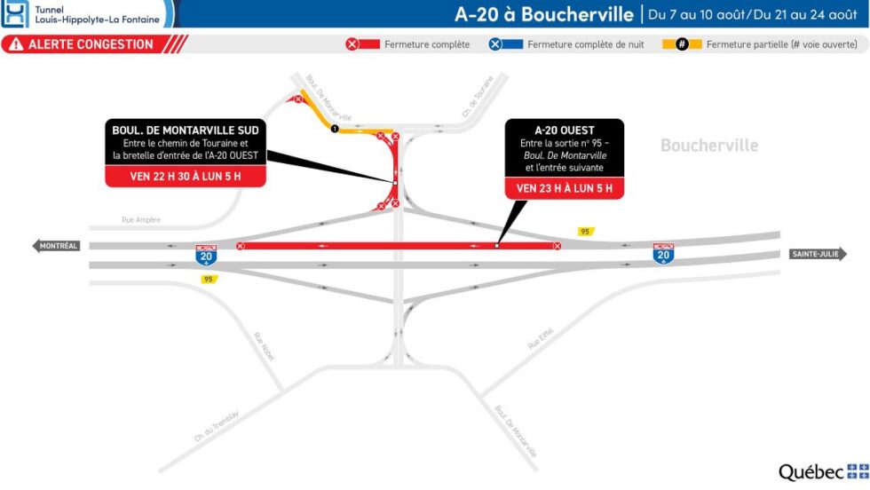 Carte montrant le tronçon de l'autoroute 20 fermé à Boucherville.