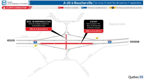 Carte montrant le tronçon de l'autoroute 20 fermé à Boucherville.