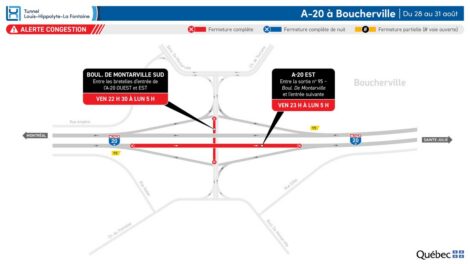 Carte montrant les fermetures pr&eacute;vues sur l'autoroute 20.