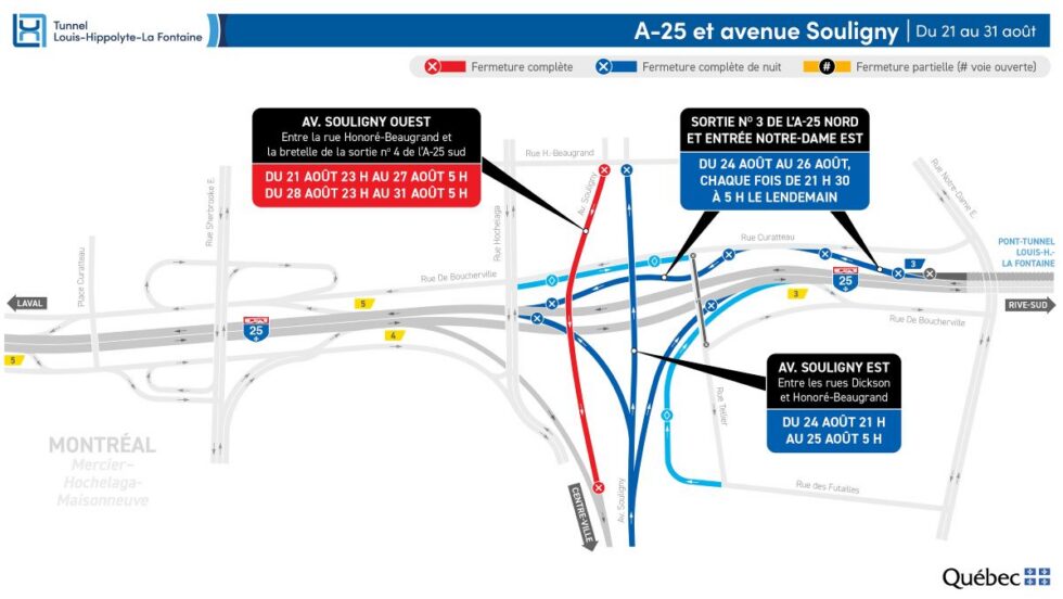 Carte montrant les fermetures prévues sur l'avenue Souligny et les accès à l'autoroute 25.