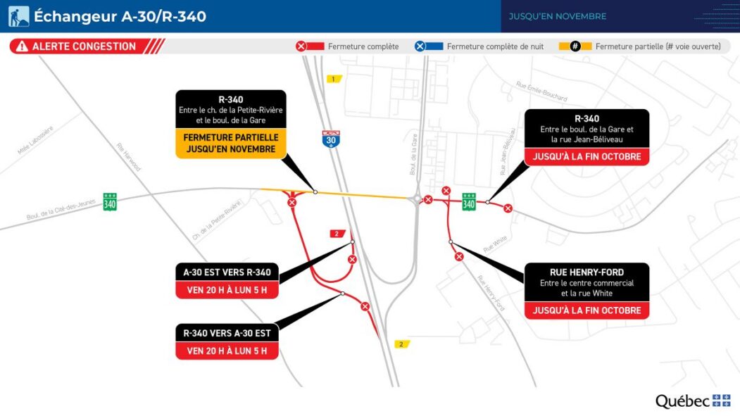 Carte montrant les fermetures de bretelles menant à l'autoroute 30 à Vaudreuil-Dorion.