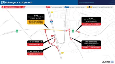 Carte montrant les fermetures de bretelles menant à l'autoroute 30 à Vaudreuil-Dorion.