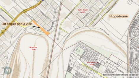 Carte du cadastre du Qu&eacute;bec montrant l'hippodrome et le lot acquis pour le prolongement du boulevard Cavendish.