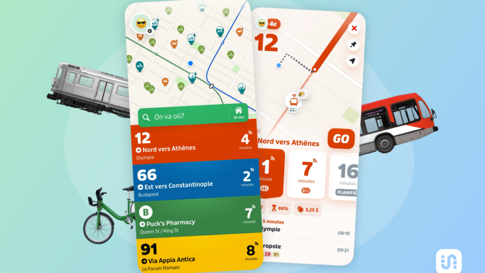 Montage affichant deux écrans de l'application transit, ainsi qu'un train, un autobus et un vélo.