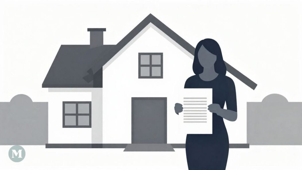 Image générée par l'intelligence artificielle dans le style de l'art minimaliste. L'image montre une femme tenant un contrat d'hypothèque devant une maison.