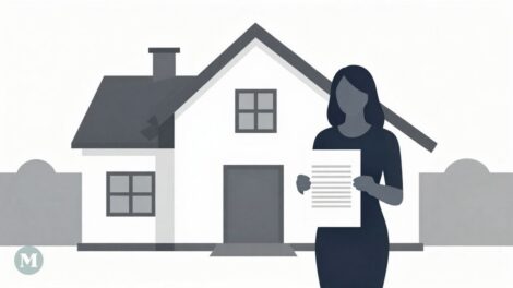 Image générée par l'intelligence artificielle dans le style de l'art minimaliste. L'image montre une femme tenant un contrat d'hypothèque devant une maison.