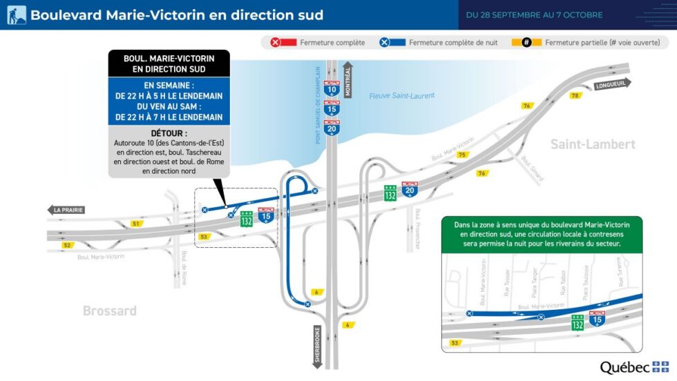 Carte montrant la fermeture de la voie de desserte de l'autoroute 15 Sud du 28 septembre au 7 octobre 2026.