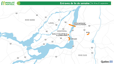 Carte montrant les entraves du réseau autoroutier du Grand Montréal pendant la fin de semaine du 18 au 21 septembre 2026.