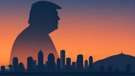 Image générée par l'intelligence artificielle montrant la silhouette de Donald Trump au-dessus du skyline de Montréal.