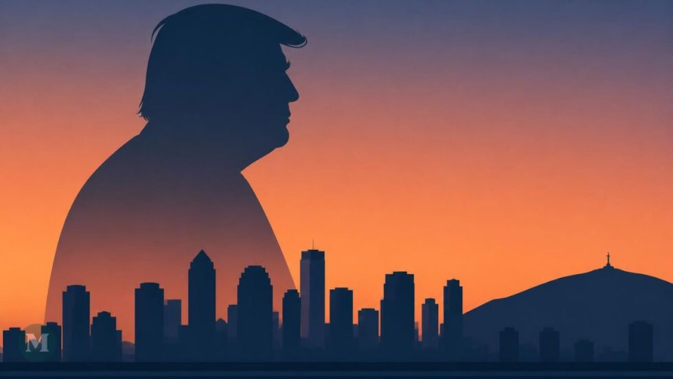 Image générée par l'intelligence artificielle montrant la silhouette de Donald Trump au-dessus du skyline de Montréal.