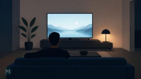 Image minimaliste générée par l'intelligence artificielle montrant un homme assis dans son salon regardant la télévision.