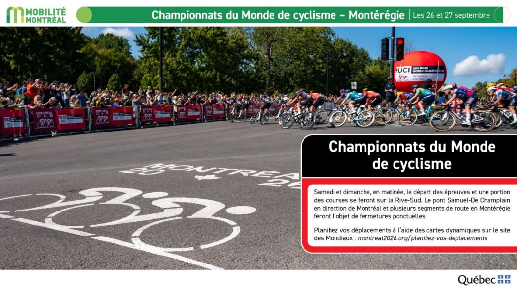 Des cyclistes sur la ligne de départ du Championnats du monde Route UCI à Montréal, avec explications du ministère des Transports.