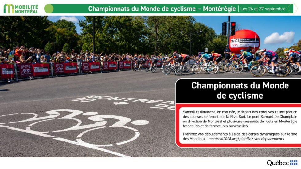 Des cyclistes sur la ligne de départ du Championnats du monde Route UCI à Montréal, avec explications du ministère des Transports.