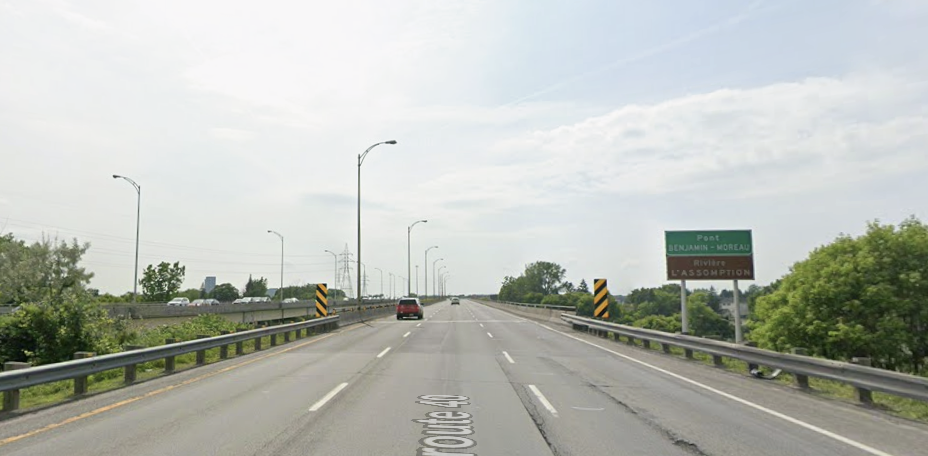 Capture d'écran de Google Street View montrant l'autoroute 40 Ouest à la hauteur du pont Benjamin-Moreau, à Repentigny.