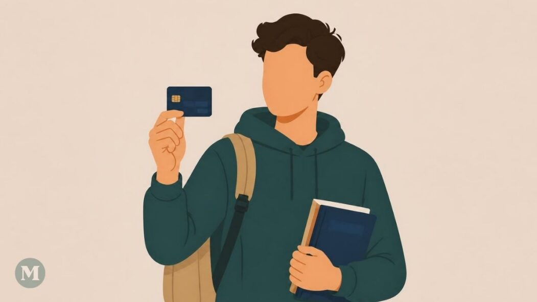 Image générée par l'intelligence artificielle dans le style de l'art minimaliste. Un étudiant tient une carte de crédit.