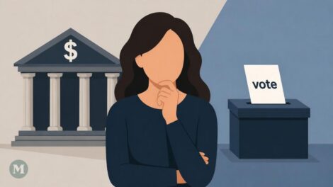 Image générée par l'intelligence artificielle montrant une femme songeuse, une banque et un bulletin de vote.