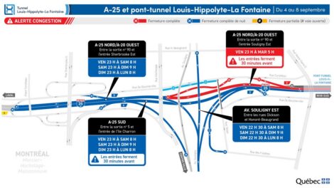 Carte montrant les fermetures pr&eacute;vues sur l'autoroute 25 et l'avenue Souligny &agrave; partir du 1er septembre 2026.