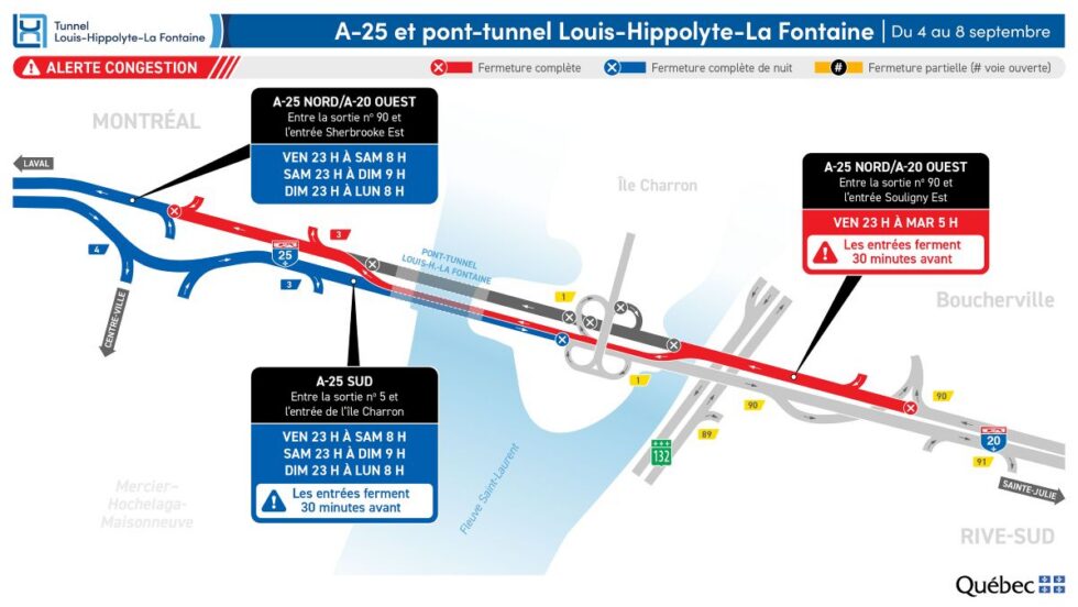Carte montrant le tronçon de l'autoroute 25 et du tunnel Louis-Hippolyte-La Fontaine fermé pendant la fin de semaine du 4 septembre.