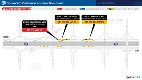 Carte montrant les fermetures affectant l'autoroute 40 et le boulevard Saint-Michel.