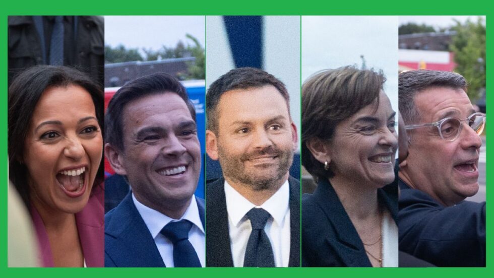 Montage des cinq chefs des principaux partis à leur arrivée au Face-à-face TVA.