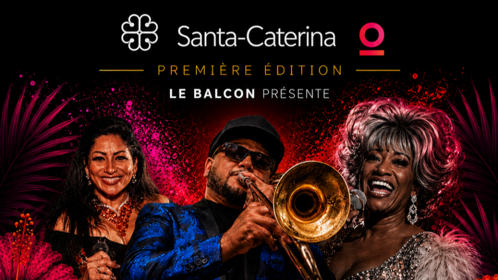 Affiche promotionnelle du festival Santa Caterina montrant une chanteuse, une danseuse et un trompettiste.