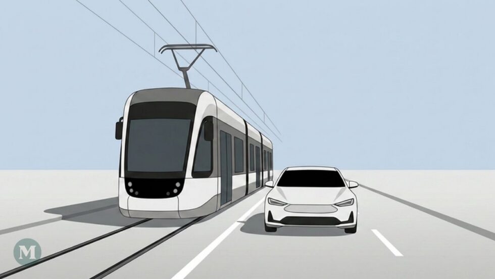 Image générée par l'intelligence artificielle dans le style de l'art minimaliste montrant une voiture et un tramway côte à côte.