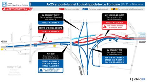 Carte montrant les fermetures affectant l'autoroute 25 et le tunnel Louis-Hippolyte-La Fontaine pendant la fin de semaine du 23 octobre 2026.