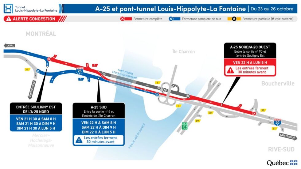 Carte montrant les fermetures affectant l'autoroute 25 et le tunnel Louis-Hippolyte-La Fontaine pendant la fin de semaine du 23 octobre 2026.